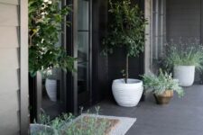 a simple and stylsih modern front porch with black walls and a black tile floor, potted greenery and trees is amazing