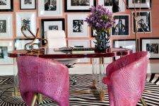 a home office design with pink touches