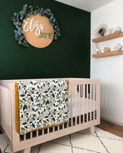 a little and lovely nursery with a dark green accent wall, a stained crib, open shelves and a cool decoration of wood and eucalyptus