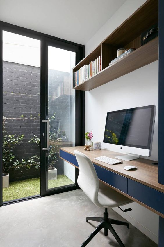 a cozy home office design with a practical floating desk
