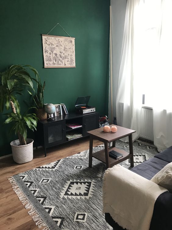 a small boho living room with a green accent wall, a black sofa and printed textiles, a black storage unit, a potted plant and a coffee table