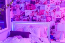 13 a bright and fun bedroom with neon LED lights and a bright gallery wall is a nice idea of a Gen Z bedroom and Gen Z people