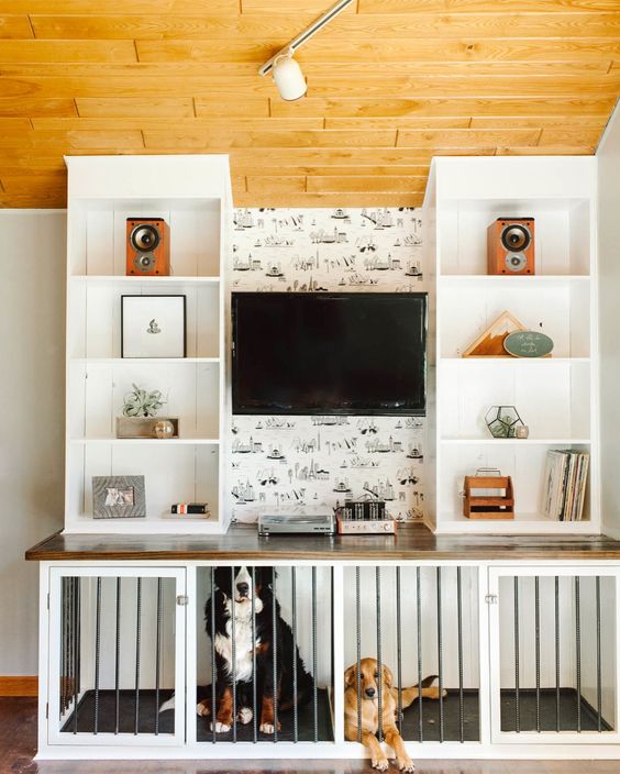 a TV unit with open shelves and a large dog kennel built in into the lower part of it is a cool idea for your space