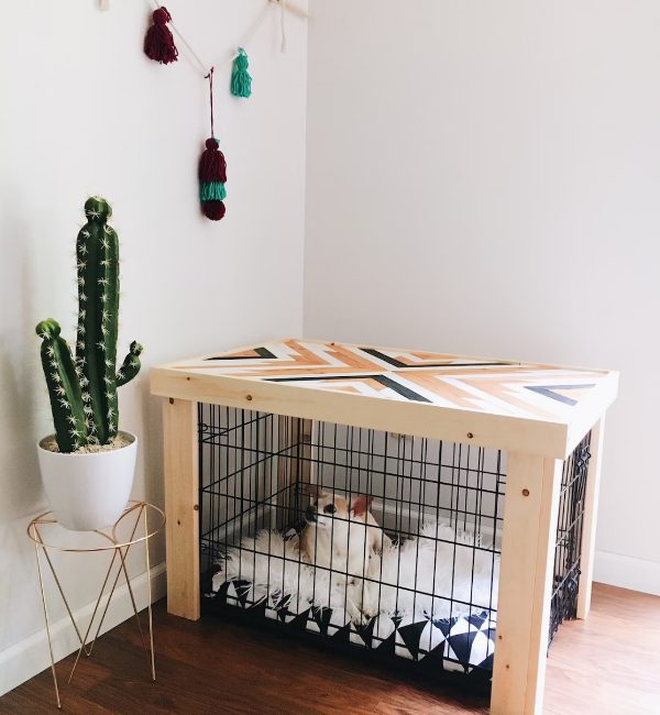 A pretty mid century modern dog kennel with a geometric pattern on top and a geo printed mattress