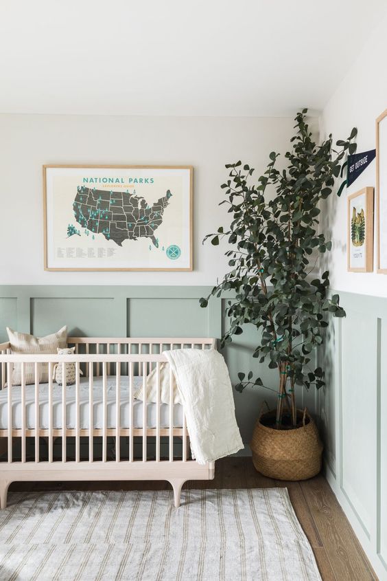 a welcoming nursery with green paneling on the wall, a stained nursery, a map, a statement plant and printed textiles is cool