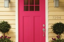 a modern pink front door with glass panes, potted blooms around for a lovely and bright entrance to the house