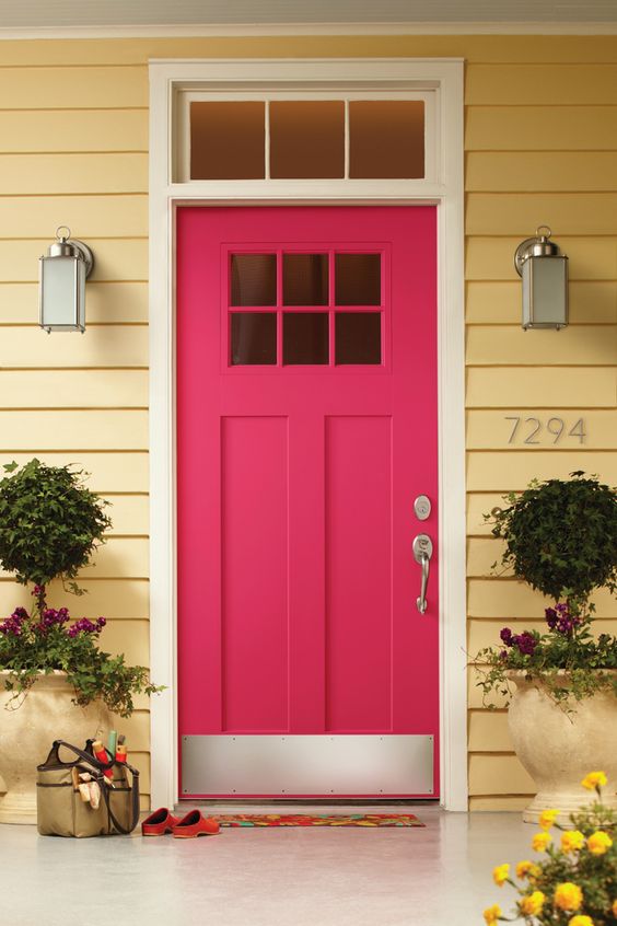 a modern pink front door with glass panes, potted blooms around for a lovely and bright entrance to the house