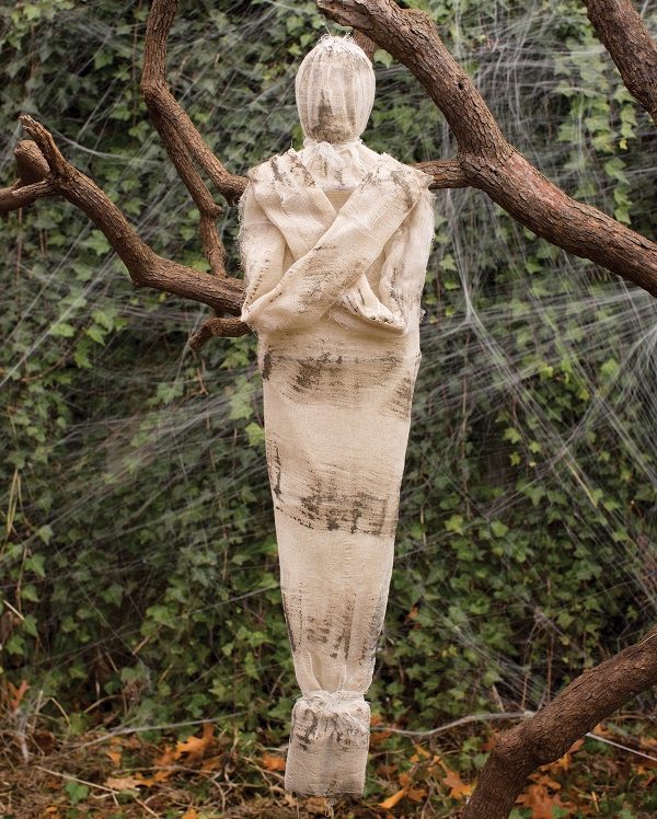 an outdoor Halloween mummy decoration is an easy and scary idea, attach on to a tree in your garden