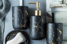 41 a gorgeous black marble-inspired porcelain bathroom set is a very refined and chic solution to go for