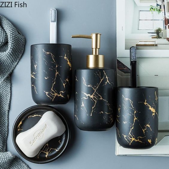 a gorgeous black marble-inspired porcelain bathroom set is a very refined and chic solution to go for