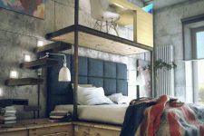 an industrial bedroom with concrete walls and a shabby chic floor, a floating bed with a built-in nightstand and a platform on top
