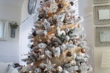 26 a glam woodland Christmas tree with burlap garlands, gold, brown, grey ornaments, snowflakes, deer and sleigh ornaments