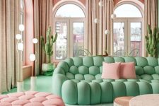 13 a whimsical living room with pink walls and a ceiling, neutral curtains, a pastel green sofa and a pastel pink ottoman, a green floor and planters