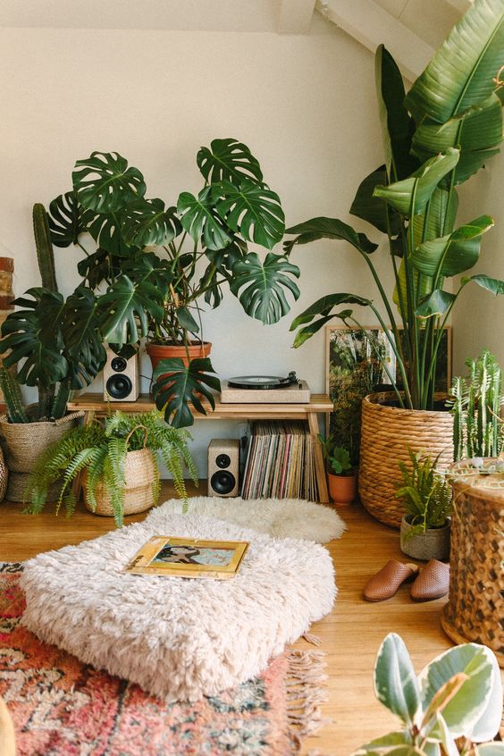 A beautiful jungle inspired nook with lots of statement potted plants, cushions and rugs and some vinyl is fabulous