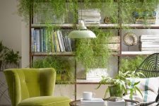 54 a biophilic space with lots of greenery placed on the storage unit, a rug with natural prints and wooden furniture