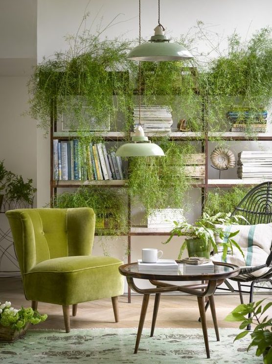 a biophilic space with lots of greenery placed on the storage unit, a rug with natural prints and wooden furniture
