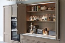 02 a beautiful and sleek stained wooden cabinet with small appliances hidden inside it, with built-in lights and bi-fold doors for comfortable using