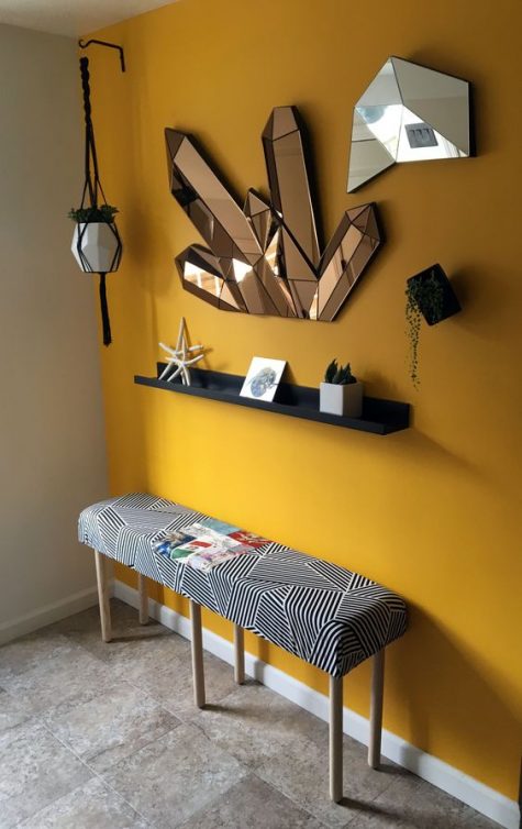 a bold entryway with a sunny yellow accent wall, a black shelf and a wall-mounted planter plus unique mirrors