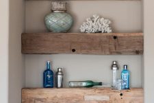 small built-in wooden slab shelves of rough wood are a great idea for your awkward nook or a tiny bathroom or mudroom