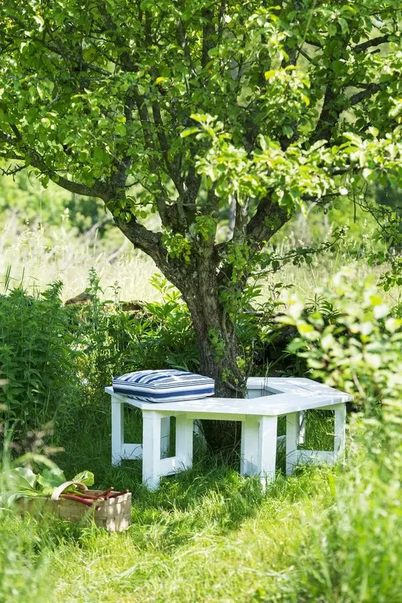 a white bench around the tree, with a striped pillow, is a lovely spot to have a seat in your garden, very secluded and cozy