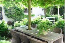 27 a gorgeous garden dining space right around the tree, with a stained table and wicker chairs, lots of greenery around