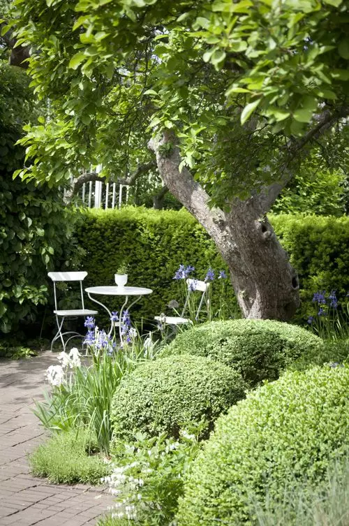 a small dining space around the tree, with white metal furniture, blooms and greenery is a cool idea for a garden