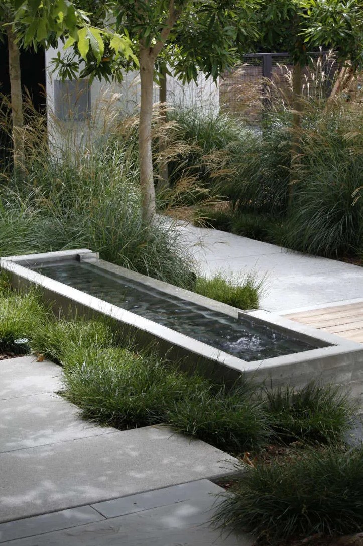 a modern garden with trees, grasses and stone pavements, with a a trough fountain made of poured concrete