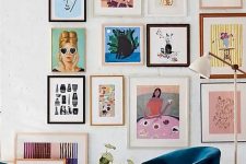 a colorful and cheerful gallery wall with mismatching frames, bright artworks brings a touch of fun to the space