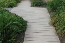 a neutral wooden plank path surrounded with shrubs and greenery looks ethereal and is a perfect fit for a beach cottage garden