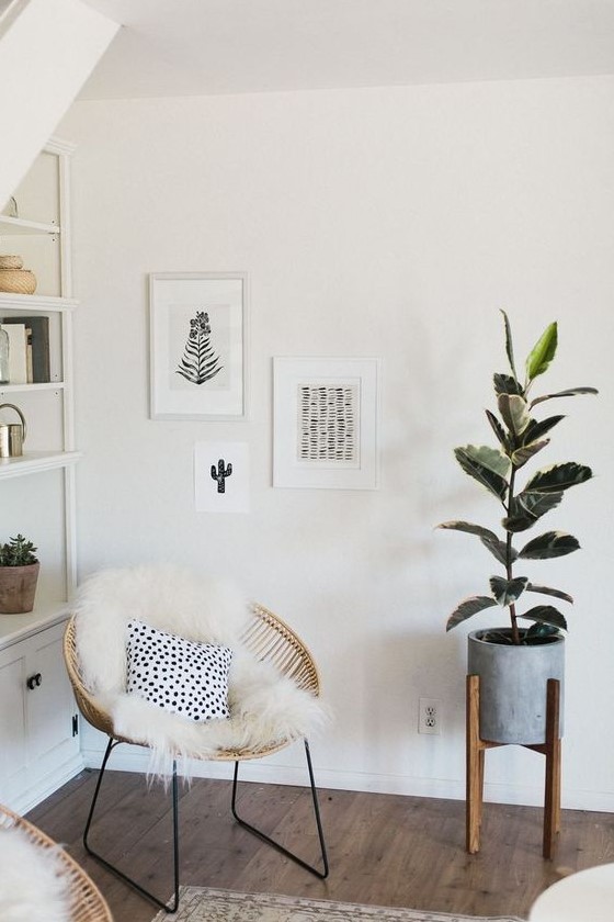 a small modern gallery wall with a free form and black and white botanical art is a lovely idea for a boho nook