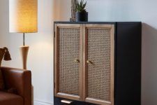 a black cabinet with a large drawer and cane webbing doors is an elegant and timeless solution for a boho or mid-century modern space and it looks very contrasting