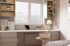a stylish neutral teen bedroom with an upholstered bed, a study space by the window including drawers and open storage compartments plus a chair