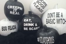 12 black and white pumpkins with black and white stenciling are amazing for stylish black and white Halloween decor