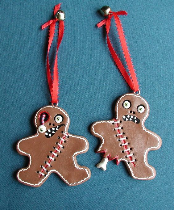 Scary gingerbread style Halloween ornaments of faux leather, with stitching and eyes are jaw dropping