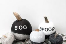 13 make a display of cool black and white glitter pumpkins with vinyl letters – they are very easy to DIY
