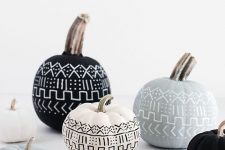 19 grey, black and white pumpkins decorated with boho patterns using sharpies are amazing for stylish modern or Scandi Halloween decor