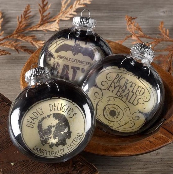 Vintage inspired black and white Halloween ornaments with vintage prints are amazing for Halloween tree styling