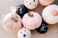 30 beautiful modern pumpkins in blush, white, black, with stars, letters, yarn and other decor are perfect for chic modern decor