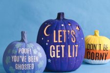 40 modern colorful Hallowene pumpkins in lilac, purple and orange, with drilled letters, stenciled ones and some letters