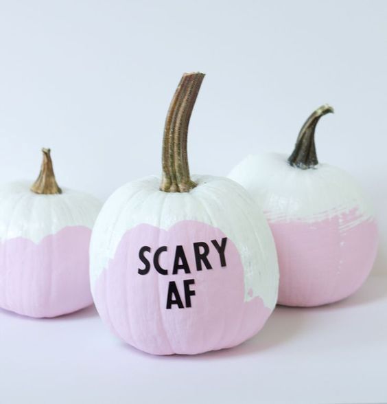 modern ironic pumpkins in pink and white, with brushstroking and black letters is a fun and cool idea to rock