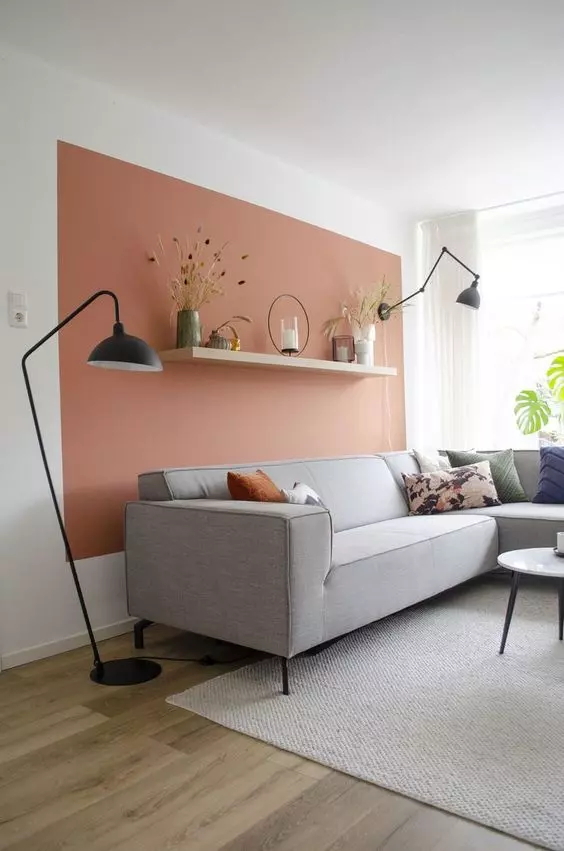 a Scandinavian living room with a terracotta accent wall, a grey corner sofa, black lamps and a coffee table