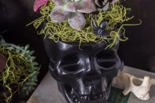 02 a black skull used as a planter for succulents, with yarn and a spider is a bold Halloween decoration with plenty of style