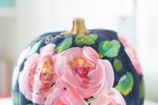06 a stunning navy pumpkin decorated with pink blooms and foliage hand painted and with gold calligraphy for the fall