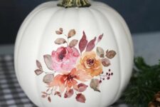 07 a super chic and elegant white pumpkin with pink and yellow blooms and leaves decoupaged is a lovely idea for the fall