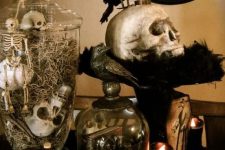 15 vintage Halloween decor with jars and cloches with skulls and skeletons, a skull on a stand, some candles and a blackbird