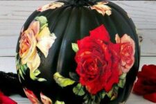 19 a black pumpkin with bold rose decoupage is a fantastic idea for Halloween, it will make a statement for sure