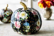 20 a cool black Halloween pumpkin with bright and white blooms decoupaged and a gilded stem is a fantastic idea for Halloween
