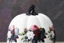 23 a white decopuage pumpkin with gorgeous florals is an amazing idea for fall, Halloween or Thanksgiving decor