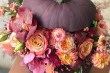 36 a matte purple pumpkin with pink, mauve, yellow blooms, berries and some greenery is amazing for Halloween