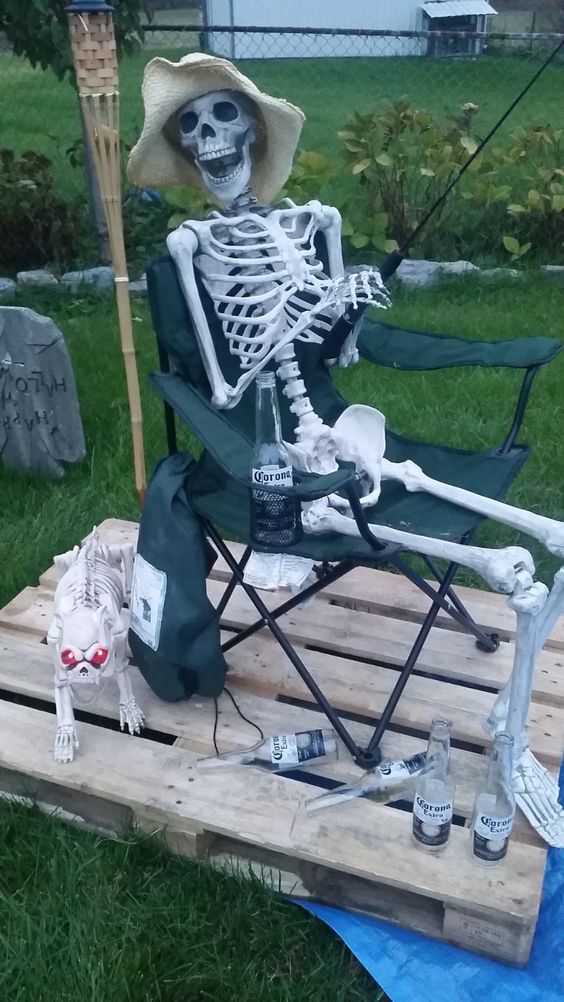 a simple and fun Halloween fishing scene with a skeleton and skeleton dog, with beer bottles